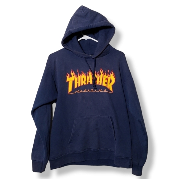 THRASHER‎ MAGAZINE x VINTAGE flame logo navy pull over hoodie size Small - Picture 1 of 10